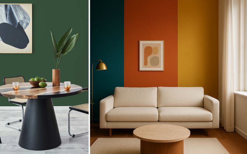 Kräftige Wandfarben für moderne Wohnräume: links Essbereich mit dunkelgrüner Wandfarbe, rundem Holztisch und stilvoller Deko, rechts Wohnzimmer mit dreigeteilter Wandgestaltung in Petrol, Rostorange und Senfgelb hinter einem beigen Sofa 