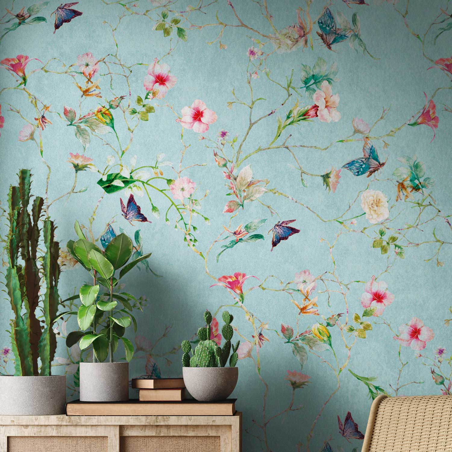 Fototapete Landhaus M1-No.10247 | Digitaldruck | Türkis | Rosa | Blumen | Floral | Blüten