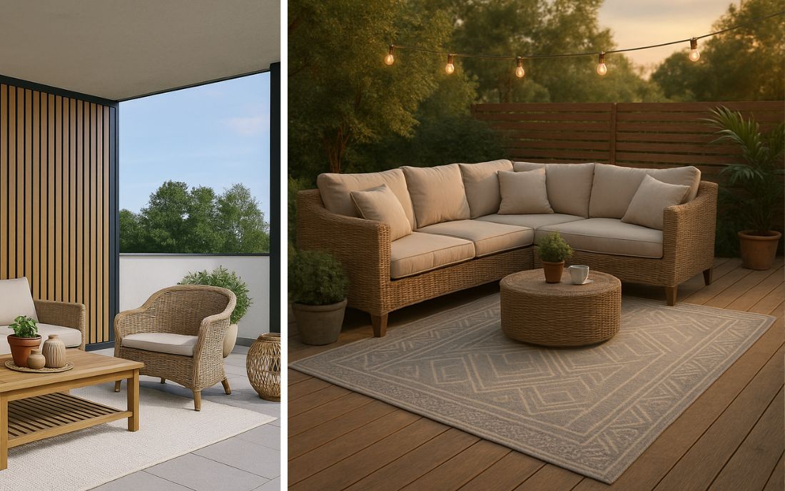 Outdoor Teppiche: Links eine stilvolle Balkoneinrichtung mit hellem Outdoor Teppich als gemütliche Basis, rechts eine Terrasse mit gewebtem Outdoor Teppich in dezentem Muster, der Sitzbereich und Gartenmöbel elegant abrundet