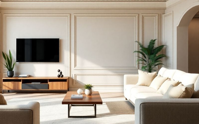 PROVISTON Stuck: Wohnzimmer dekoriert mit PROVISTON Stuckelementen. Die hochwertigen Stuckleisten setzen stilvolle Akzente an Wänden und Decken und schaffen ein edles Wohnambiente mit klassischem Charme.