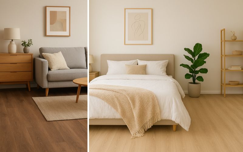 Hochwertiges Laminat: links ein Wohnzimmer mit dunklem Laminatboden, grauem Sofa und Holzmöbeln, rechts ein Schlafzimmer mit hellem Laminatboden, Bett und minimalistischer Einrichtung