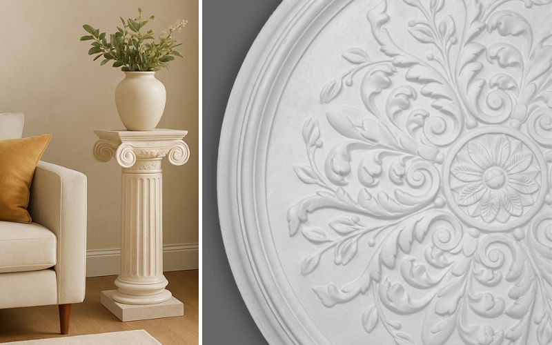 Stuck Deko für klassisches Ambiente: links eine kannelierte Säulen-Konsole mit ionischem Kapitell und Vase im Wohnzimmer, rechts Detail einer runden, reich verzierten Stuckrosette mit floralem Ornament