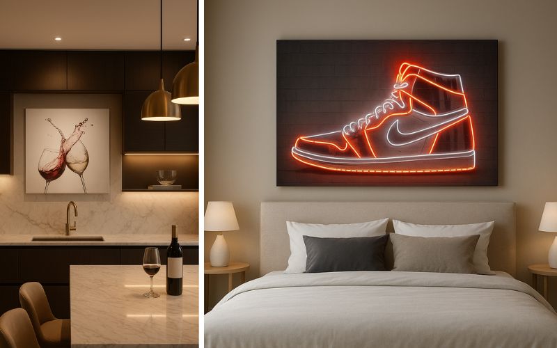 Leinwandbilder als stilvolle Wandgestaltung: Links eine moderne Küche mit elegantem Leinwandbild zweier anstoßender Weingläser, das dem Raum eine edle Note verleiht, rechts ein Schlafzimmer mit einem auffälligen Neon-Leinwandbild in Sneaker-Form.
