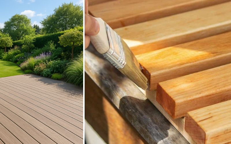 Anwendung von Wetterschutzfarbe: links eine wetterfeste Holzterrasse im Garten, rechts das Streichen von Holzlatten mit schützender Holzfarbe.