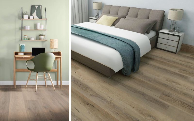 Floornovo Bodenbelag für modernes Wohnen: links ein stilvoll eingerichtetes Homeoffice mit grün gestrichener Wand und natürlichem Holz-Look-Boden, der für eine warme und produktive Atmosphäre sorgt, rechts ein elegantes Schlafzimmer mit Floornovo Bodenbelag in Eichenoptik, der Ruhe und Behaglichkeit ausstrahlt. 