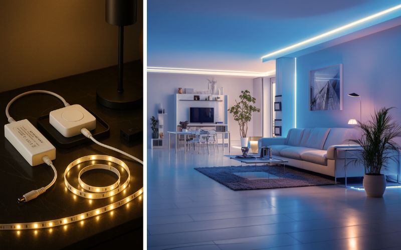  LED-Zubehör für individuelle Lichtgestaltung: links ein praktisches Set mit LED-Controller, Netzteil und LED-Streifen für flexible Anwendungen, rechts ein modernes Wohnzimmer mit elegant installierten LED-Profilen an der Decke, die den Raum in stimmungsvolles blaues Licht tauchen