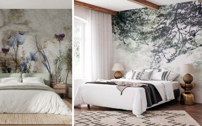 Fototapete Schlafzimmer: links eine romantische Blumen-Fototapete in sanften Naturtönen für ein ruhiges Ambiente, rechts eine beeindruckende Naturmotiv-Tapete mit Ästen und Blättern, die dem Raum Tiefe und eine beruhigende Atmosphäre verleiht. 