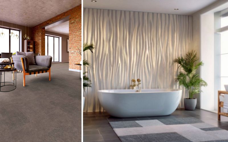 Vinylboden in Steinoptik: links im Loft mit urbanem Flair und cooler Betonoptik, rechts im Bad mit eleganter Steinwirkung – pflegeleicht, wasserfest und perfekt für moderne Wohnkonzepte