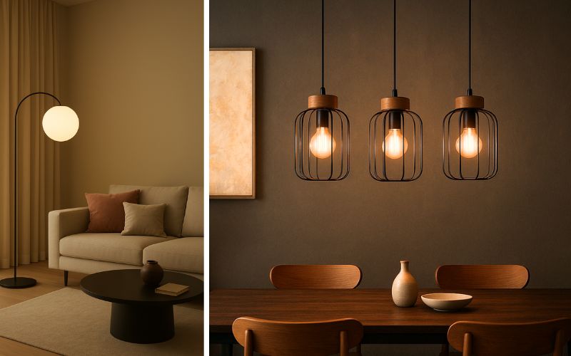 Innenleuchten für stimmungsvolle Wohnräume: links modernes Wohnzimmer mit Stehleuchte und gemütlichem Sofa, rechts elegantes Esszimmer mit drei warm leuchtenden Pendellampen über dem Holztisch