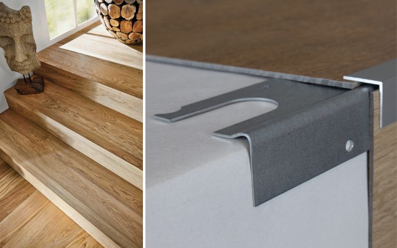 Treppen Reparaturwinkel für stabile Stufen: links eine elegante Holztreppe mit erneuerten Kanten, rechts Detailaufnahme eines robusten Reparaturwinkels zur sicheren Befestigung und Verstärkung 