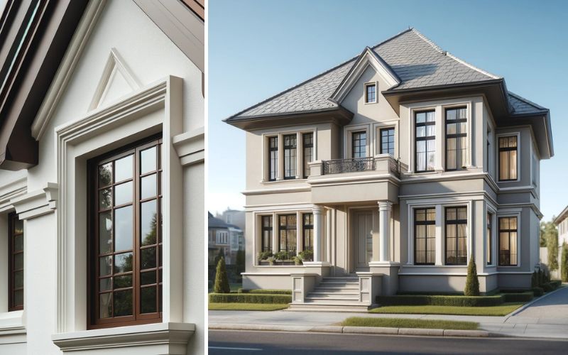 Fassadenstuck für stilvolle Architektur: links detailreicher Fensterstuck mit klassischem Profil, rechts elegantes Stadthaus mit aufwendig gestalteter Stuckfassade und repräsentativem Eingangsbereich