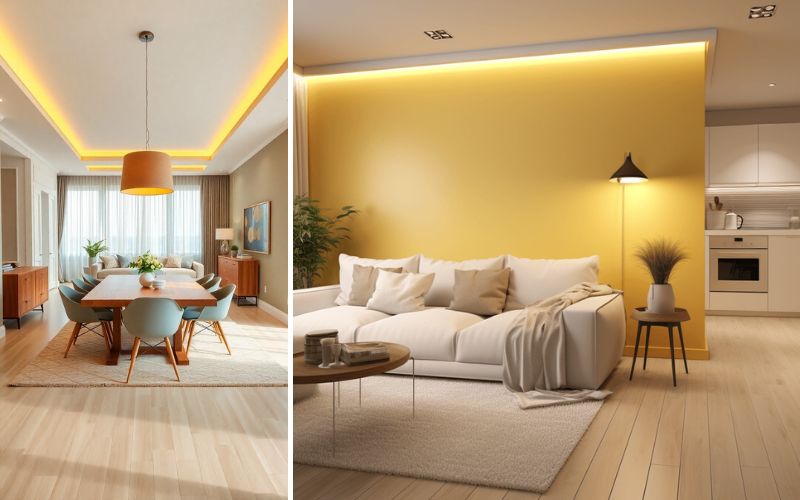 LED Leisten für indirekte Beleuchtung: links ein Esszimmer mit LED-Deckenleisten und warmem Licht, rechts ein Wohnzimmer mit gelber Wand und LED-Leisten als stilvolle Wandbeleuchtung
