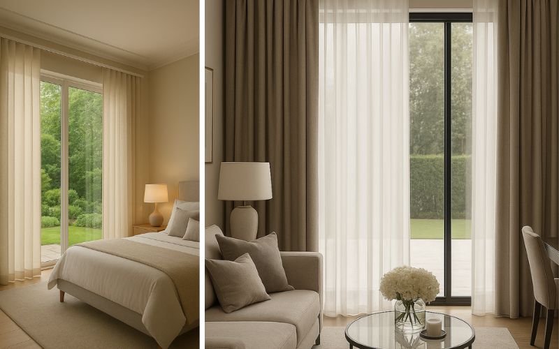 Schiebegardinen für modernes Wohnen: links Schlafzimmer mit bodentiefen Schiebegardinen in sanften Creme-Tönen, die für eine helle und freundliche Atmosphäre sorgen, rechts Wohnzimmer mit eleganten, zweifarbigen Schiebegardinen in Beige und Braun, die Lichtdurchlass und Sichtschutz stilvoll kombinieren