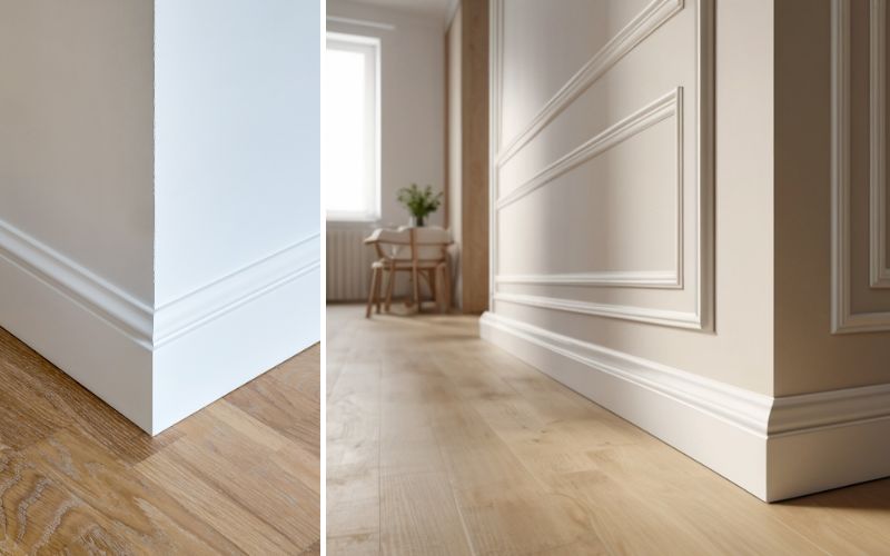 Weisse-Sockelleisten für elegante Raumabschlüsse: links moderner Flur mit weißen Sockelleisten als dezente Verbindung zwischen hellem Holzfußboden und Wand, rechts stilvolles Interieur mit aufwendig gestalteten Wandpaneelen, bei denen die weißen Sockelleisten den edlen Gesamteindruck harmonisch abrunden