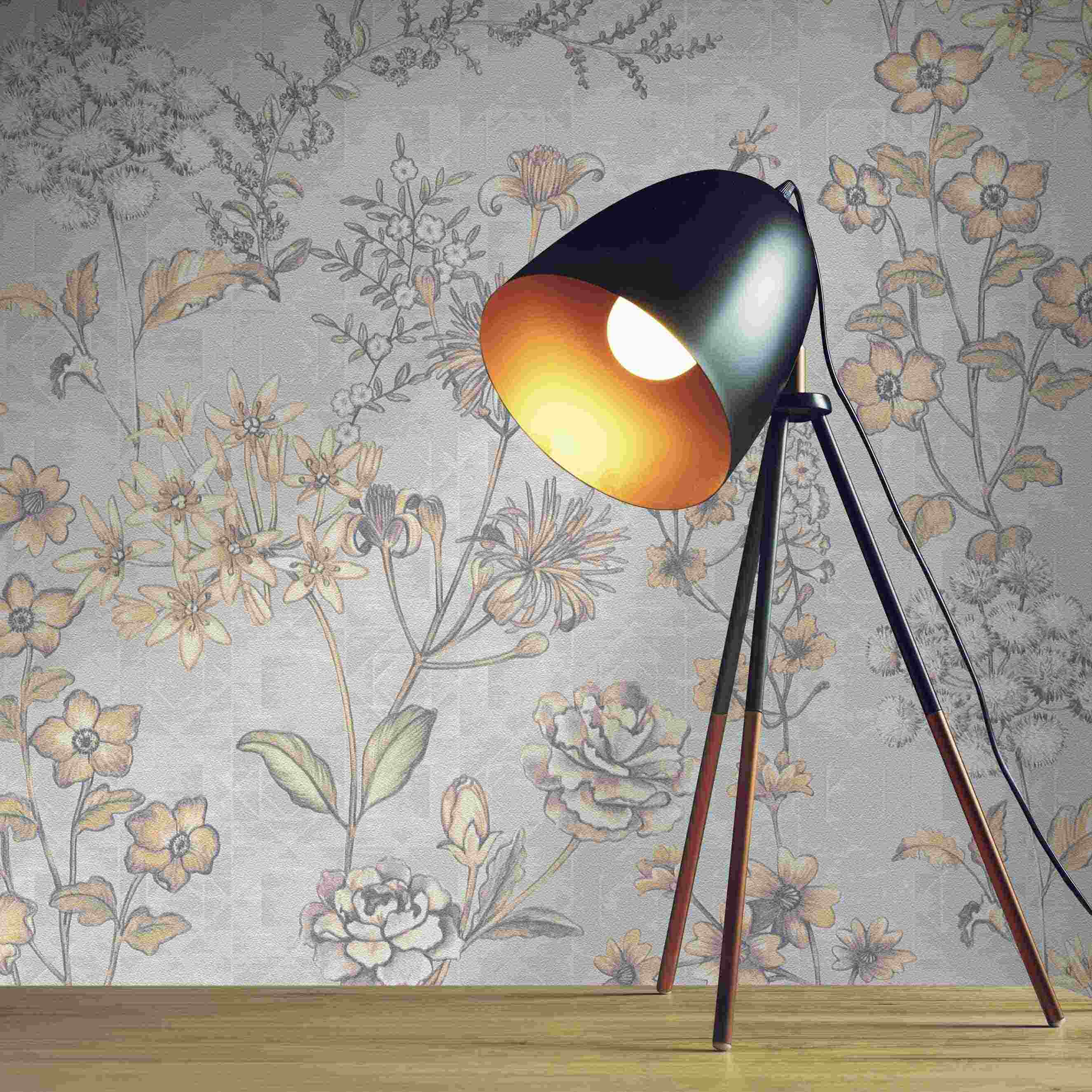 Tapete Valentin Blumen M1-No.4351 Vlies Grau Orange Blumen Tadessi 10.05 x 0.53 m