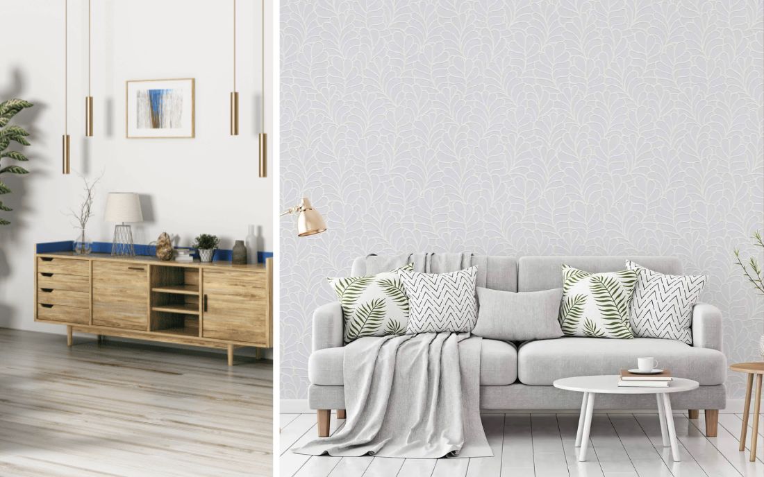 Vliestapete weiß: links modernes Interieur mit minimalistischer Einrichtung und weißen Wänden, rechts Wohnzimmer mit weißer Vliestapete im dezenten Blätter-Muster, die durch ihre feine Struktur Eleganz und Helligkeit in den Raum bringt