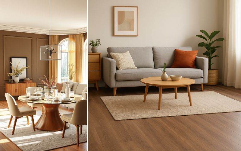 Teppichboden für behagliche Räume: links Essbereich mit rundem Holztisch und hellem Teppichboden, der Wärme und Eleganz ausstrahlt, rechts gemütliches Wohnzimmer mit grauem Sofa, Couchtisch und einem dezenten Teppichboden in Beige für ein harmonisches Gesamtbild.