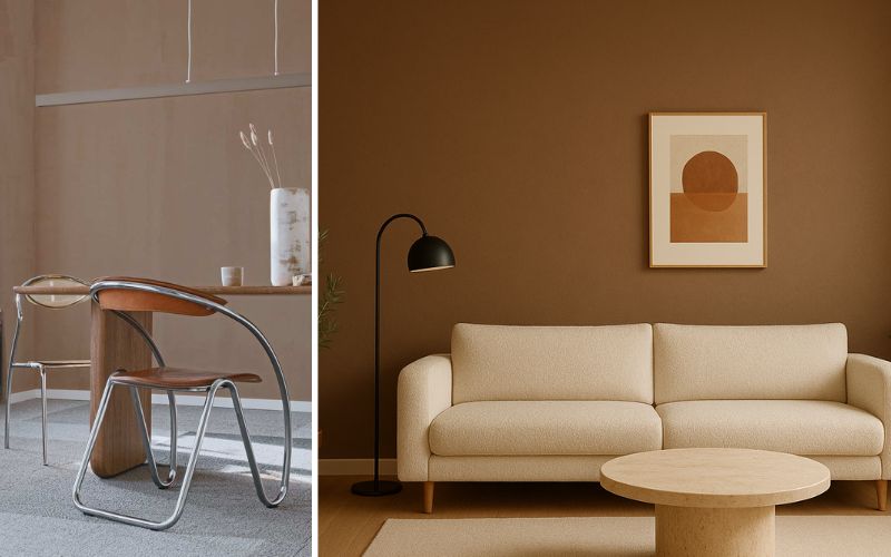 Mocha Wandfarbe für elegante Wohnräume: links ein Essbereich in sanftem Mokka-Ton, der mit modernen Möbeln eine stilvolle Zurückhaltung ausstrahlt, rechts ein Wohnzimmer mit kräftiger Mokka-Wandfarbe, die in Kombination mit hellen Möbeln und minimalistischer Dekoration für Wärme und zeitlose Eleganz sorgt