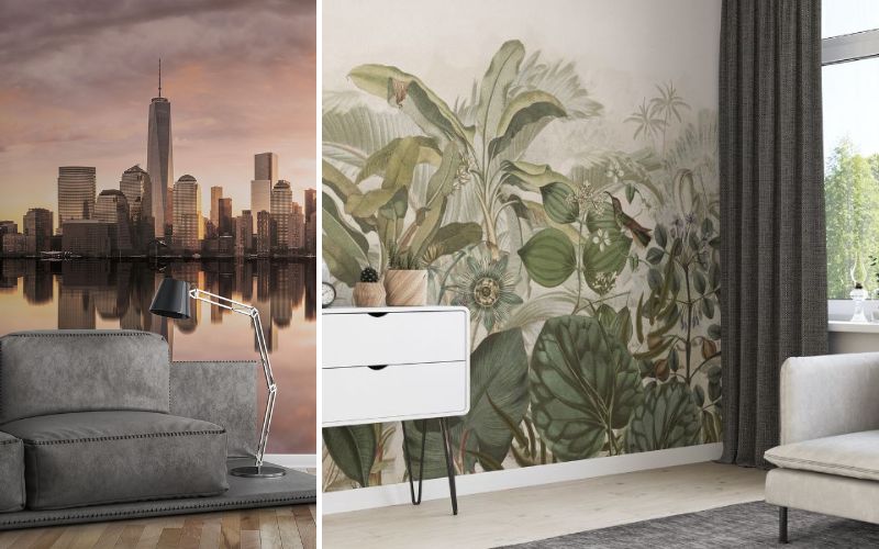 Fototapeten für individuelle Raumgestaltung: links eine Skyline-Tapete von New York im Wohnzimmer, rechts eine botanische Fototapete mit tropischen Pflanzen und Vögeln im modernen Wohnraum