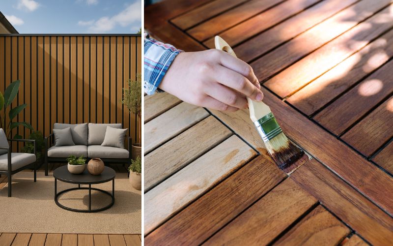 Holzöl für den Außenbereich: links eine moderne Terrasse mit Holzpaneelen und Lounge-Möbeln, rechts das Auftragen von Holzöl mit Pinsel auf eine Holzoberfläche zur Pflege und Versiegelung 