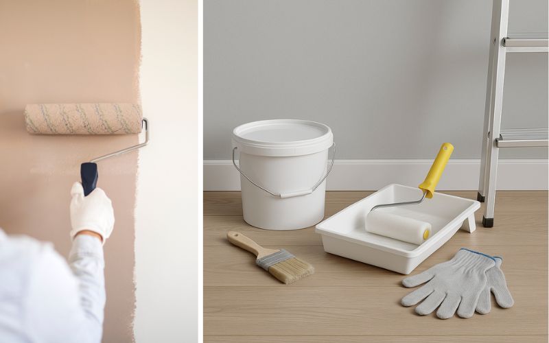 Maler-Zubehör für perfekte Anstriche: links das präzise Auftragen von Farbe mit einer Rolle an der Wand, rechts ein praktisches Set mit Eimer, Farbwanne, Pinsel, Rolle und Schutzhandschuhen – ideal für saubere und gleichmäßige Malerarbeiten. 