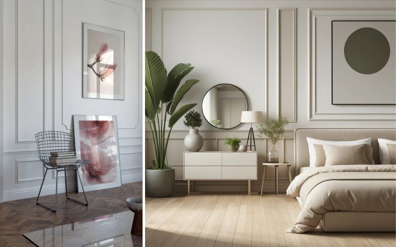 Zierleisten für stilvolle Raumgestaltung: links elegantes Wohnzimmer mit klassisch weißen Wand-Zierleisten, die den Raum optisch veredeln, rechts modernes Schlafzimmer mit Zierleisten als dekorative Rahmung, die ein harmonisches Gesamtbild und eine luxuriöse Atmosphäre schaffen