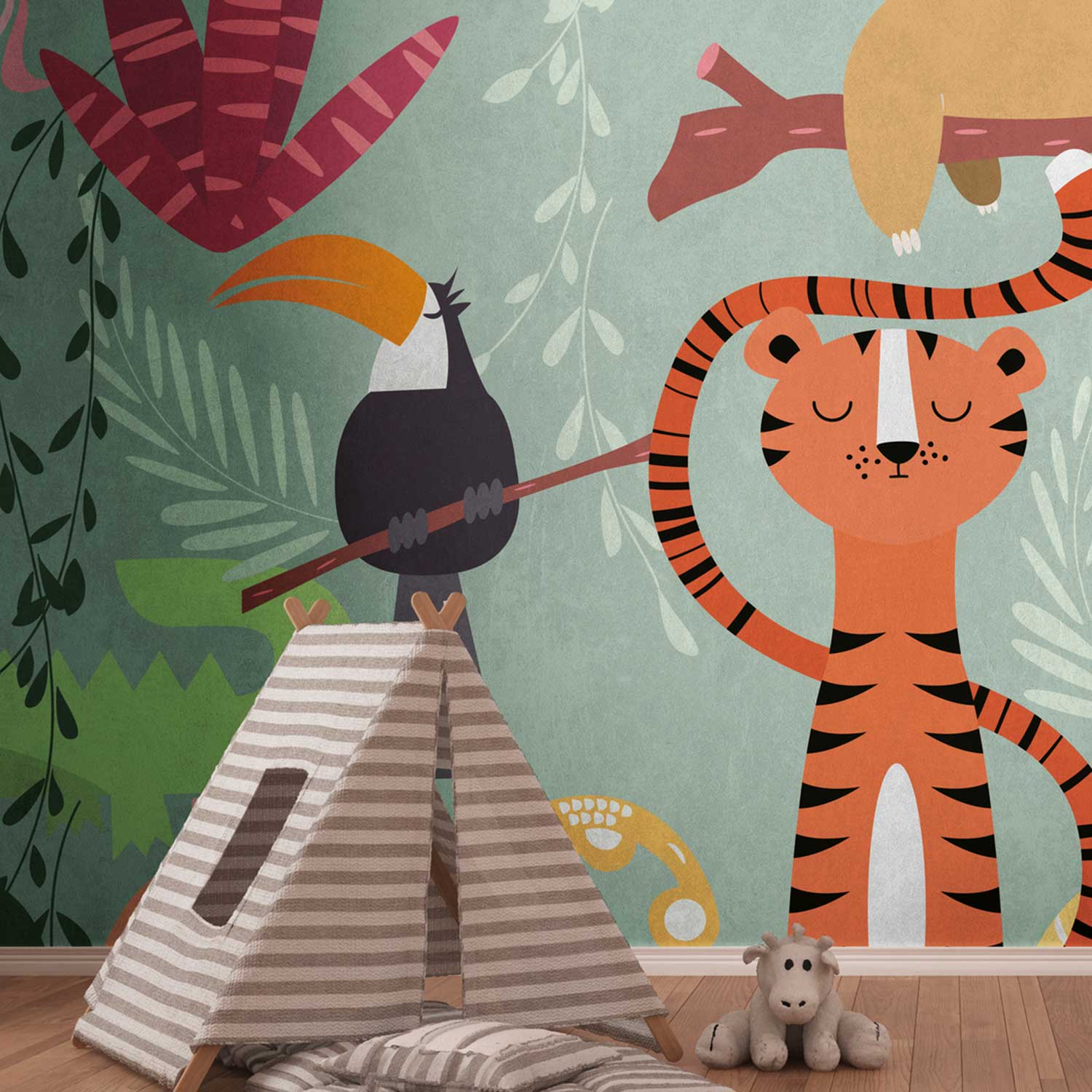 Tadessi Fototapete Tiere M1-No.10322 Digitaldruck Tapete Bunt - Dschungel Kinderzimmer Tiger Faultier