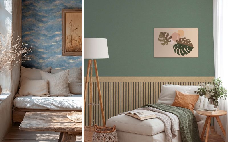 Tapeten Neuheiten: links moderne Wolkentapete in Blautönen für gemütliche Wohnbereiche, rechts trendige grüne Tapete mit Holz-Optik-Bordüre und Wandbild im Wohnzimmer.
