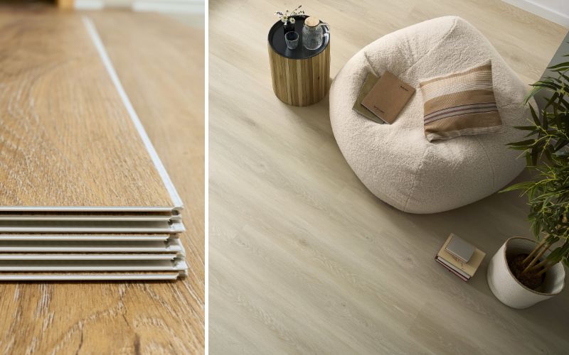Klick Vinyl Bodenbelag: links Detailaufnahme von ineinander greifenden Klick-Vinyl-Planken in Holzoptik, rechts ein Wohnzimmer mit hellem Klick Vinyl Boden, Sessel und moderner Einrichtung