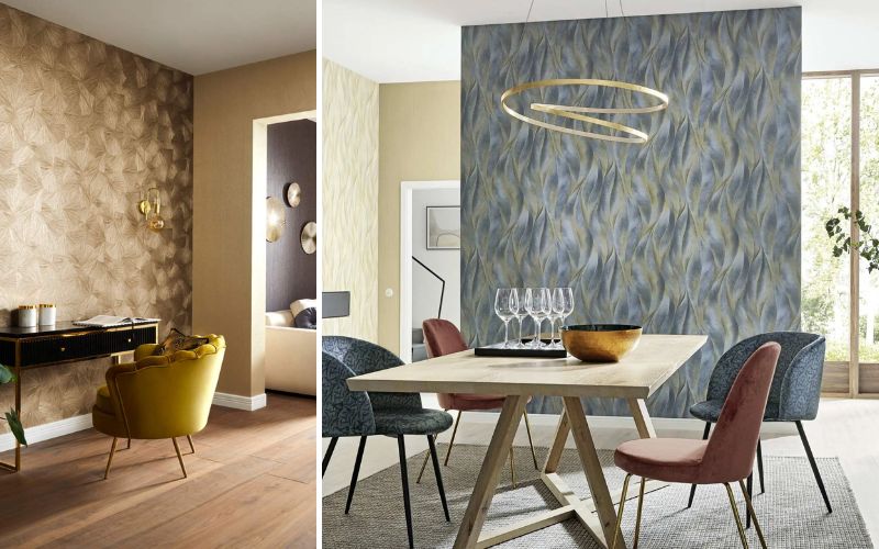 Exklusive Designer Tapeten: links eine beige Tapete mit geometrischer Struktur im modernen Wohnzimmer, rechts eine auffällige blau-goldene Mustertapete als Akzentwand im Esszimmer mit Designermöbeln
