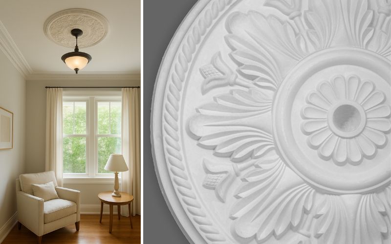 Gipsrosetten für elegante Deckenakzente: links klassisches Wohnzimmer mit dekorativer Gipsrosette und Hängeleuchte, rechts Detailaufnahme einer kunstvoll verzierten Gipsrosette mit floralen Mustern.