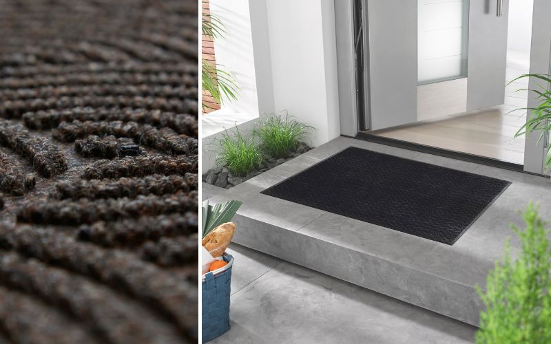  Schmutzfangmatten: links Detailaufnahme einer robusten, strukturierten Fasermatte in Braun, rechts eine schwarze Schmutzfangmatte vor einer modernen Hauseingangstür auf Betonpodest