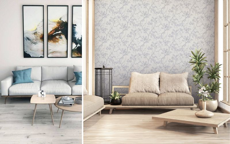 Helle Laminatböden für freundliche Räume: links modernes Wohnzimmer mit hellem Laminatboden, grauem Sofa und abstrakter Wandkunst, rechts gemütlicher Raum mit hellem Laminat, floral gemusterter Tapete, Sofa und dekorativen Pflanzen