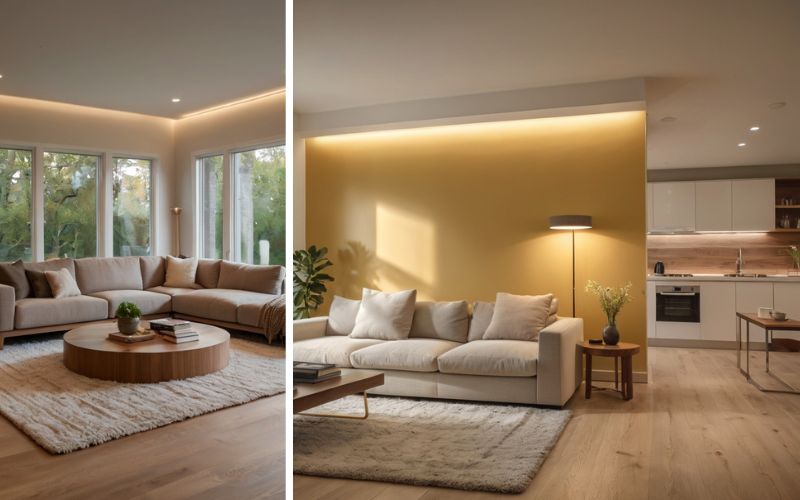 Indirekte Beleuchtung für stimmungsvolle Räume: links modernes Wohnzimmer mit umlaufender Deckenbeleuchtung, rechts stilvolle Wohnküche mit warm beleuchteter Akzentwand und gemütlichem Sofa.