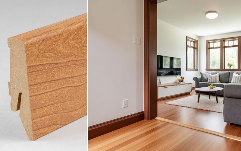  Sockelleisten furniert: links Detail eines braunen Holzfurnier-Sockelleistenprofils, rechts Wohnbereich mit farbgleich furnierten Sockelleisten entlang der Wände, passend zu Holzfußboden, Tür- und Fensterrahmen