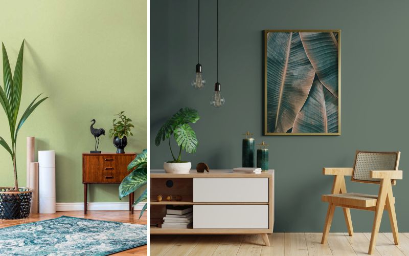 Grüne Tapeten in moderner Raumgestaltung: links eine helle grüne Wandtapete im Wohnbereich mit Retro-Möbeln, rechts eine dunkelgrüne Tapete mit Wandbild und modernen Holzmöbeln