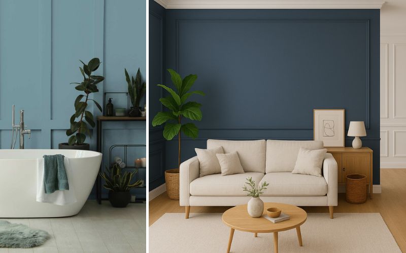 Blaue Wandfarbe für modernes Wohnen: links ein Badezimmer mit hellblauer Wand hinter freistehender Badewanne und Pflanzen, rechts ein Wohnzimmer mit dunkelblauer Wand, beigem Sofa und Holzdekor