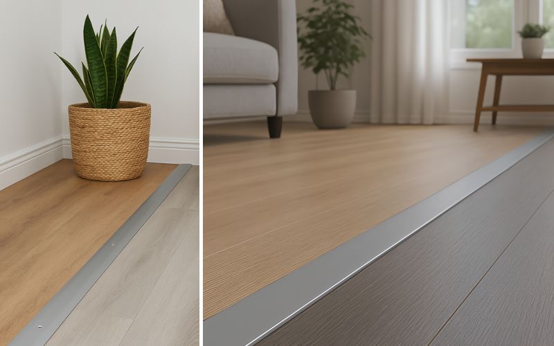 Übergangsprofile für harmonische Bodenabschlüsse: links ein dezentes Übergangsprofil zwischen zwei hellen Bodenbelägen, rechts ein elegantes Profil, das den Übergang von hellem zu dunklem Bodenbelag sauber und stilvoll verbindet