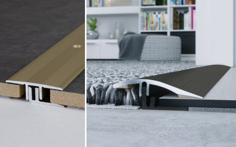 Metallprofile Topseller: links robustes Übergangsprofil in Gold-Optik für Bodenbeläge, rechts modernes Aluminiumprofil als stilvoller Übergang zwischen Teppich und Vinylboden