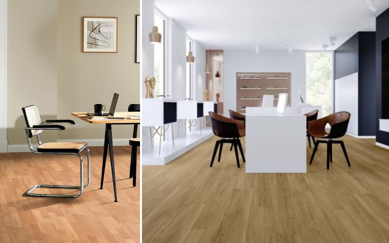 Klick-Laminat für moderne Räume: links heller Laminatboden im Essbereich mit minimalistischen Möbeln, rechts großzügiger Raum mit stilvollem Klick-Laminat in Eichenoptik und eleganter Einrichtung