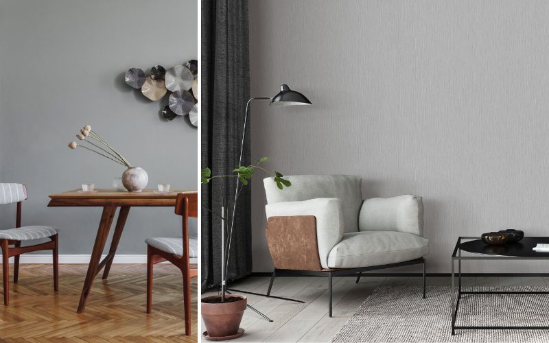 Graue Tapeten in modernem Wohnstil: links eine glatte graue Wand im Esszimmer mit Holztisch und Stühlen, rechts eine helle graue Struktur-Tapete im Wohnzimmer mit Sessel, Stehlampe und Couchtisch