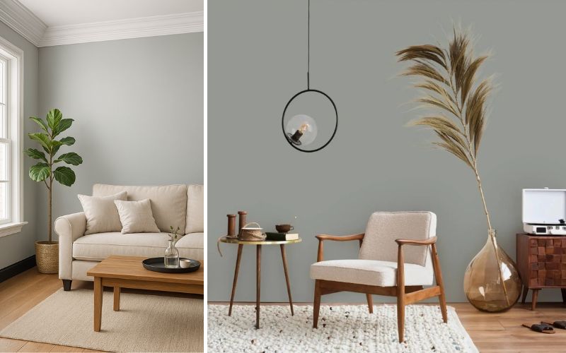 Graue Wandfarbe für modernes Wohnen: links ein Wohnzimmer mit heller Couch, Holztisch und großem Fenster, rechts ein Sitzbereich mit grauer Wand, Retro-Sessel und Dekoelementen im minimalistischen Stil