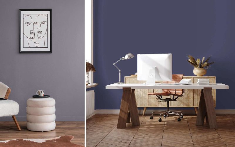 Lila Wandfarbe in modernen Räumen: links ein helllila gestrichenes Wohnzimmer mit Hocker und Wandbild, rechts ein Homeoffice mit dunkelvioletter Wandfarbe hinter Schreibtisch und Holzdekor