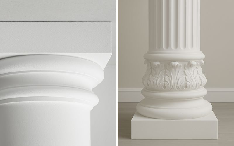 Kapitelle und Säulenbasen für klassische Architekturdetails: links schlichtes Kapitell mit glatter Form, rechts reich verzierte Säulenbasis mit floralen Ornamenten für edle Raumgestaltung