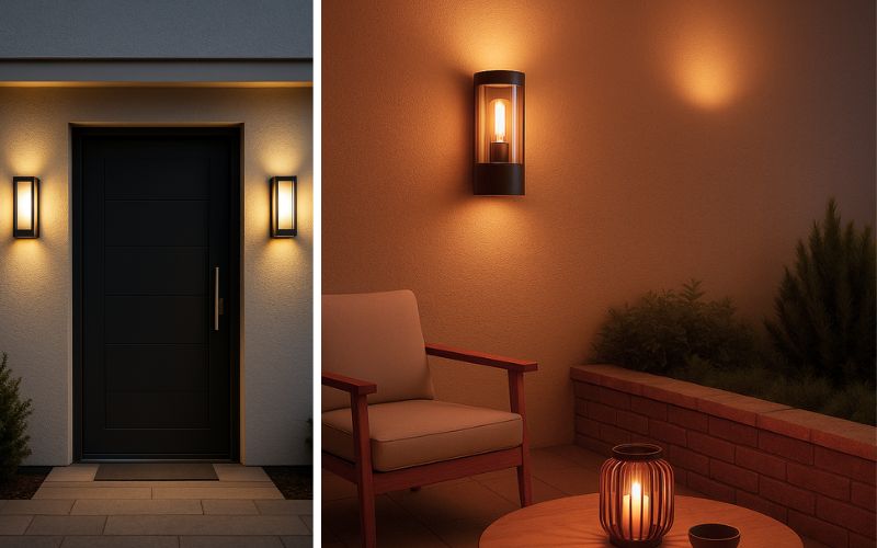  Wandleuchte Außen – moderne Beleuchtung für Fassade und Garten: im Bild stilvolle Außenwandleuchten, die Eingangsbereich und Terrasse mit warmem Licht akzentuieren und für einladende Atmosphäre sorgen