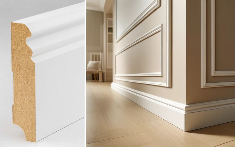 Sockelleisten Berliner Profil: links Querschnitt einer weiß folierten MDF-Leiste mit klassischem Profil, rechts montierte Berliner-Profil-Sockelleiste als eleganter Abschluss auf hellem Parkett mit Wandpaneelen