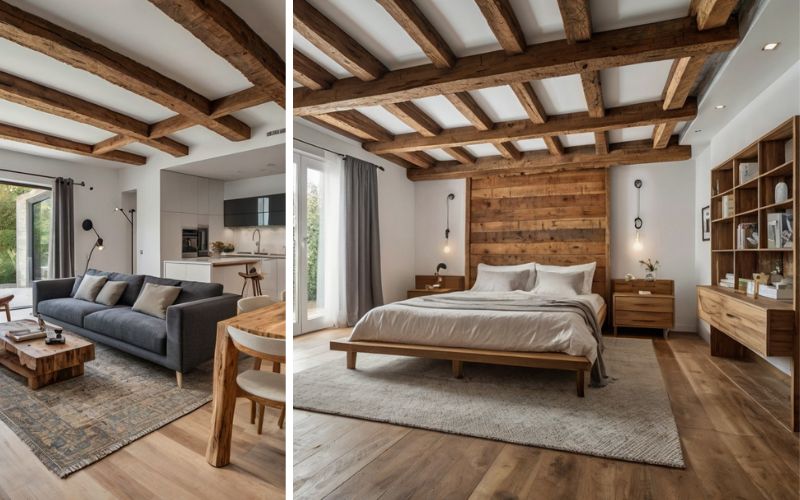 PU Balken für rustikale Wohnakzente: links Wohnbereich mit sichtbaren Holzbalken, grauem Sofa und Naturholzmöbeln, rechts Schlafzimmer mit Holzdecke, Wandverkleidung aus Balken und harmonischer Einrichtung in warmen Naturtönen