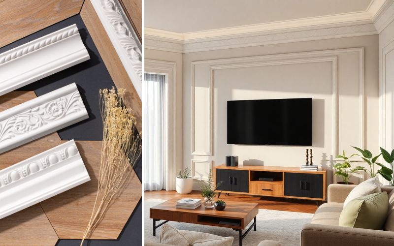 Stuck für elegante Wandgestaltung: links dekorative Stuckleisten und Zierprofile in Weiß mit Ornamenten, rechts ein Wohnzimmer mit Stuckrahmen, Gesims und Wandpaneelen rund um eine TV-Wand