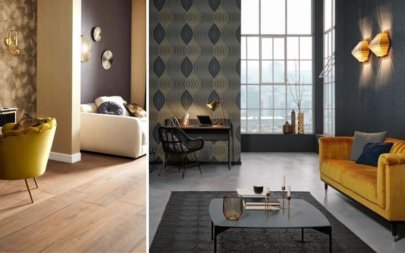 Rigid Vinyl Bodenbeläge: links elegantes Wohnzimmer mit hellbraunem Rigid Vinyl Boden und glamourösen Wanddekoren in Goldoptik, rechts modernes Interieur mit dunklem Rigid Vinyl Boden, grafischen Tapetenmustern und gelbem Samtsofa als stilvollem Akzent 