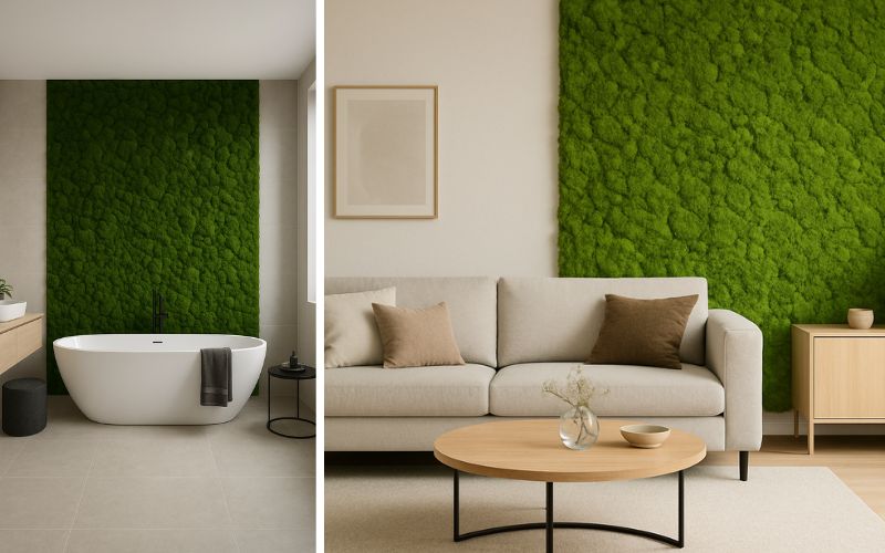 Mooswand als Highlight: links stilvolles Badezimmer mit grüner Mooswand hinter der freistehenden Badewanne, rechts modernes Wohnzimmer mit natürlicher Mooswand als Eyecatcher hinter dem Sofa 